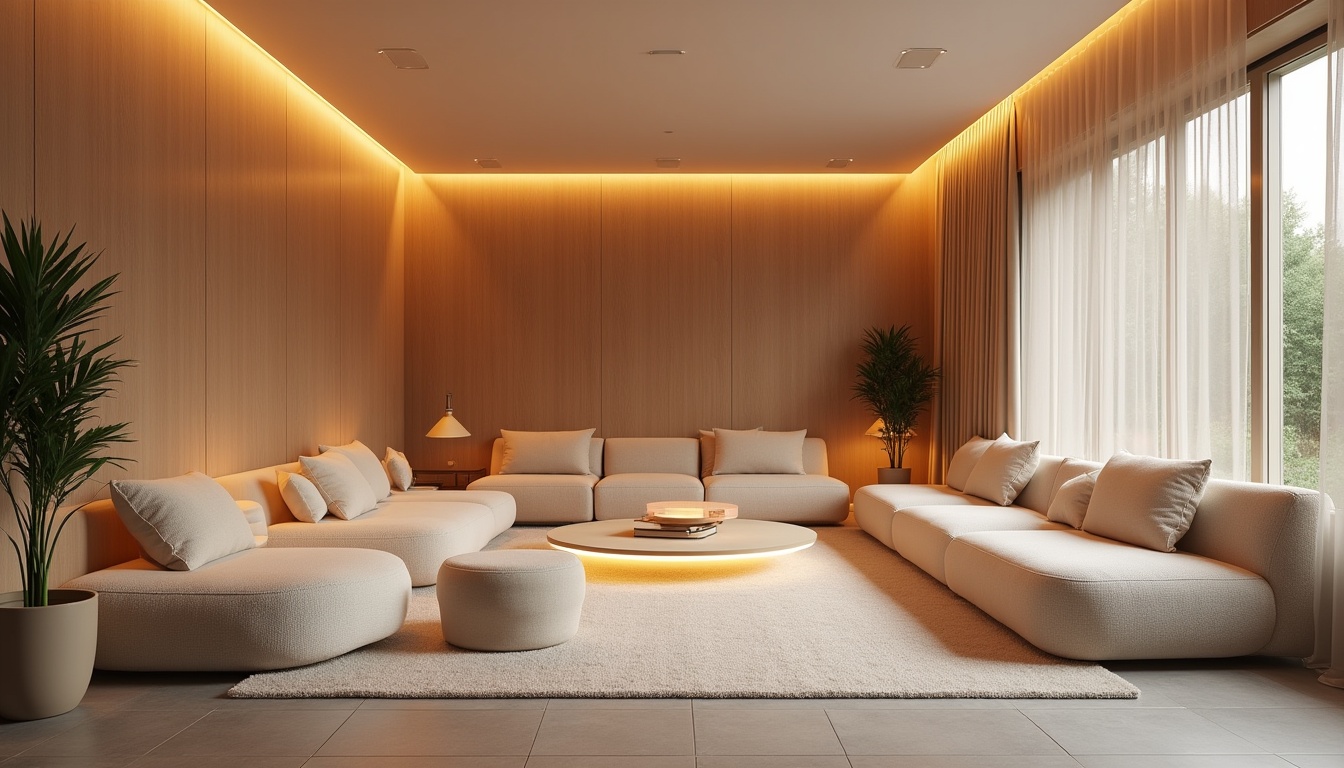 Sensory-friendly modern lounge with textured seating and soothing lighting designed for sensory integration in neurodivergent coaching