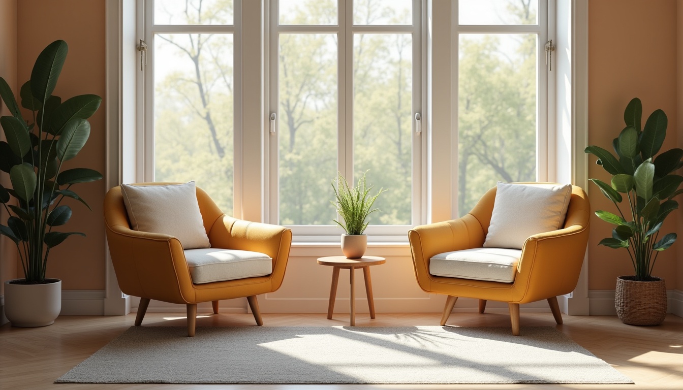 modern neurodivergent coaching room setup with two cozy chairs, bright windows, and a peaceful atmosphere for social skills training
